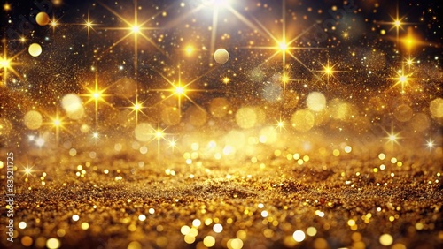 Gold particles fluid with light glitter and golden sparkles glow on background. Magic shine of stars or dust particles sparks with bokeh effect, gold, particles, fluid, shimmer, glitter © surapong