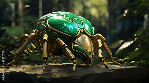Produce a striking, photorealistic 3D render of a metallic green beetle, showcasing intricate details from a low angle in a nature-inspired environment photo