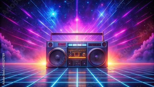 Retro wave boom box on galactic background with neon lights , retro, vintage, technology, music, 80s, 90s, design, space, futuristic, colorful, vibrant, cosmic, disco, electric, nostalgia photo