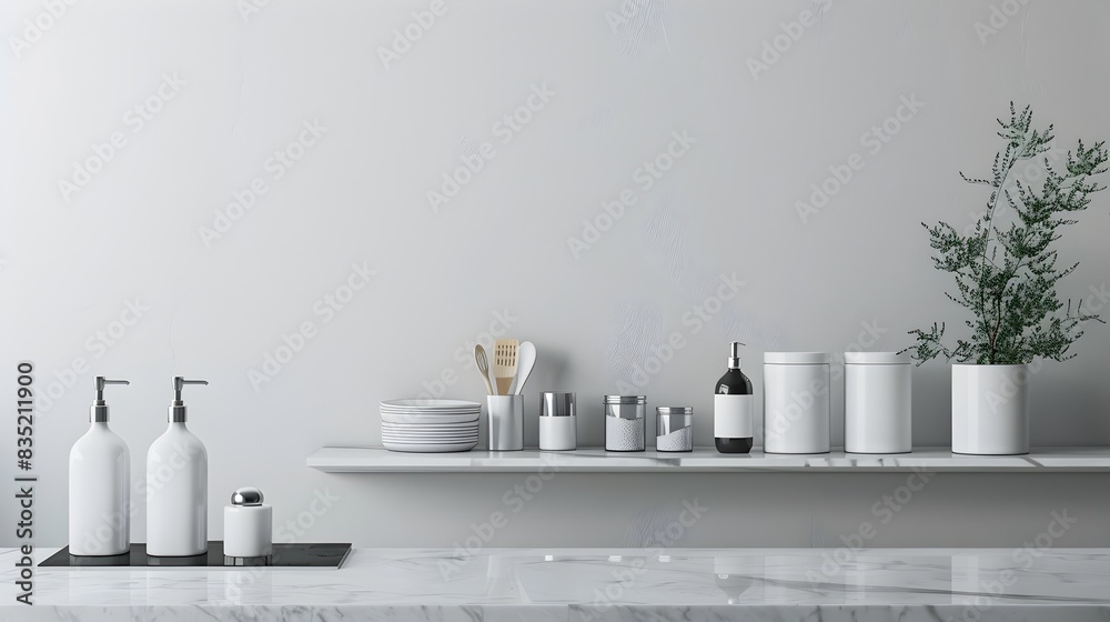 Minimalist Monochromatic Decor Setup with Ceramic and Glass Home Accents on Wooden Shelving