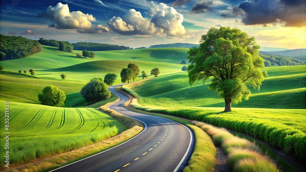 Color drawing of road winding through lush green fields, road, fields, countryside, landscape, nature, scenic, generated, digital art, rural, agriculture, peaceful, serene, panoramic, horizon