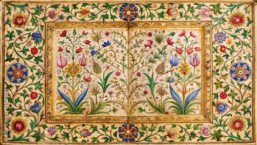 Botanical medieval manuscript golden frame border with intricate floral patterns, botanical, medieval, manuscript, golden, frame, border, generative AI, technology, detailed, intricate photo