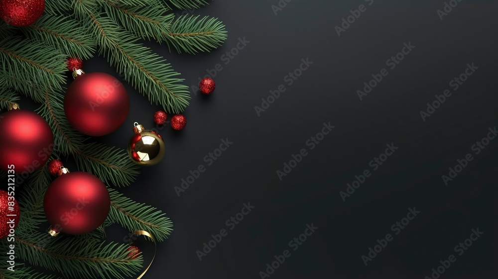 christmas balls and fir branches flat lay top view, generative ai