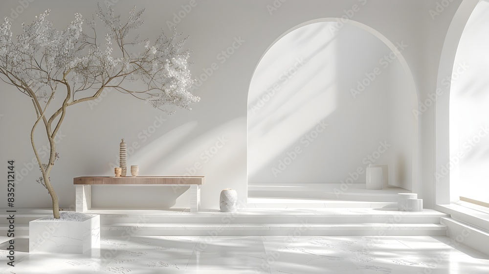 Minimalist White Room with Arched Niche,Shelf and Decorative Vases Minimalist White Room with Arched Niche,Shelf and Decorative Vases