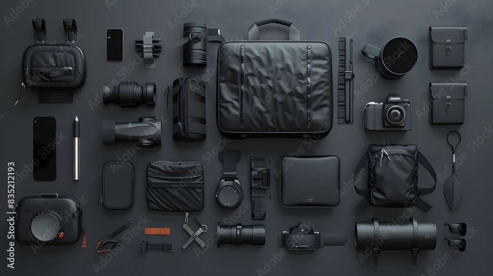 Minimalist Workspace Filled with Essential Travel Gear and Electronics Minimalist Workspace Filled with Essential Travel Gear and Electronics