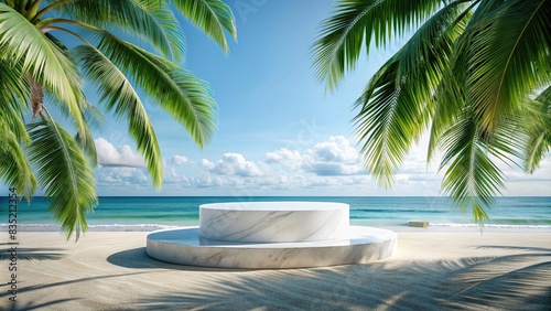 Marble podium on a summer beach mockup with white sand  palm trees  and ocean background   product display  presentation  beach  summer  mockup  white sand  palm trees  ocean  background