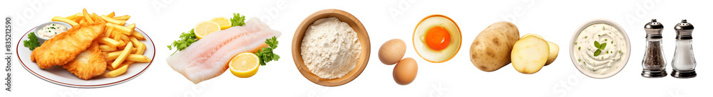 Photo of fried fish and chips ’s ingredients png cut out element set
