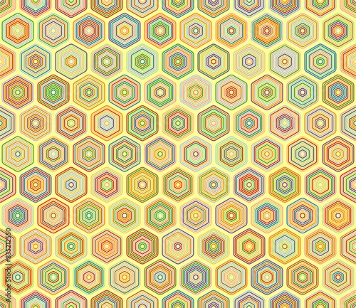 Seamless geometric pattern. Rounded stacked hexagons mosaic pattern. Hexagonal shapes. Multiple tones color palette. Seamless pattern. Tileable vector illustration.