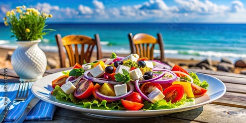 Fresh Greek salad with colorful vegetables served at a beachfront restaurant , Greek, salad, vegetables, healthy, meal, beach, restaurant, Mediterranean, cuisine, food, fresh, summer, outdoor photo