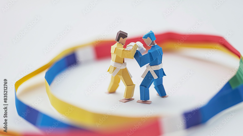 tilt-shift photography of tiny cardboard handmade figure of professional olympic two brazilian judo or jiujitzu fighters, Paris 2024 Summer Olympic Games