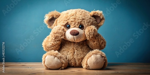 Teddy bear covering eyes on solid background, child abuse concept, teddy bear, hiding, fear, innocence, childhood, protection, abuse, cover up, secrecy, solitude, emotional, vulnerable