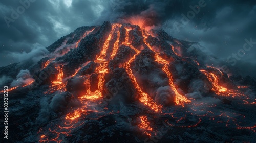 Close-up of a large volcano erupting lava, molten streams flowing down its sides, dark ash clouds filling the sky, intense and dramatic scene