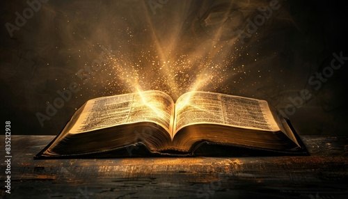 Open Bible with light emanating from it, Concept of spiritual enlightenment by AI generated image