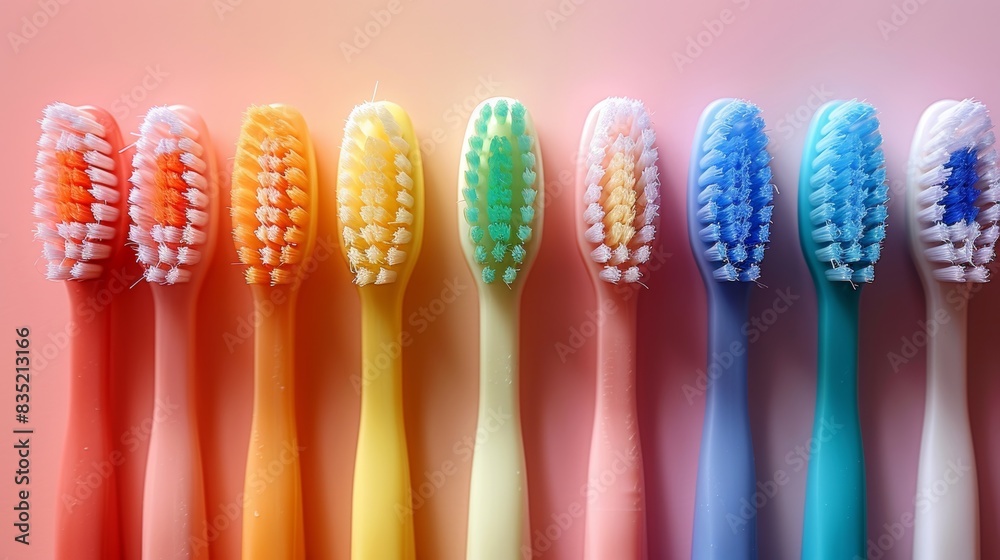 Close-up, colorful toothbrushes in a row showcasing different brush head designs, isolated background, studio lighting Close-up, colorful toothbrushes in a row showcasing different brush head designs, isolated background, studio lighting
