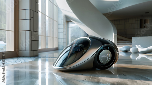 A sleek futuristic vacuum cleaner stands in a modern, bright interior photo