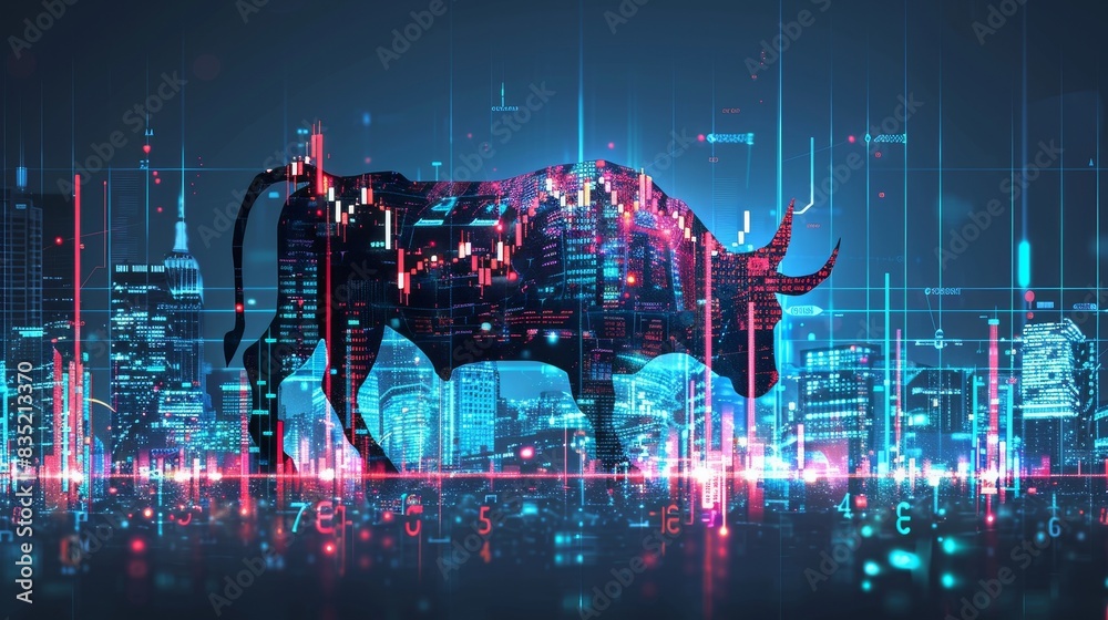 Bull silhouette filled with futuristic financial charts and a city illuminated by vibrant stock market displays Bull silhouette filled with futuristic financial charts and a city illuminated by vibrant stock market displays