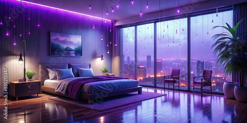 Relaxing lofi bedroom with rain sounds and purple lighting for peaceful rest , Lofi, bedroom, rain sounds, purple lighting, peaceful, relaxation, rest, cozy, atmosphere, ambient, tranquil photo