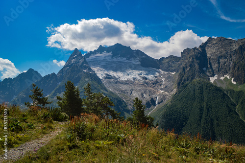 Majestic peaks and mountain valley, Western Caucasus, Dombai. Mountains covered with snow and glaciers. Alpine meadow in the foreground.