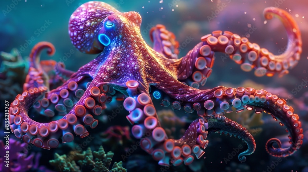 Brightly colored octopus with neon lights swimming in the serene ocean, surrounded by intricate coral reefs Brightly colored octopus with neon lights swimming in the serene ocean, surrounded by intricate coral reefs