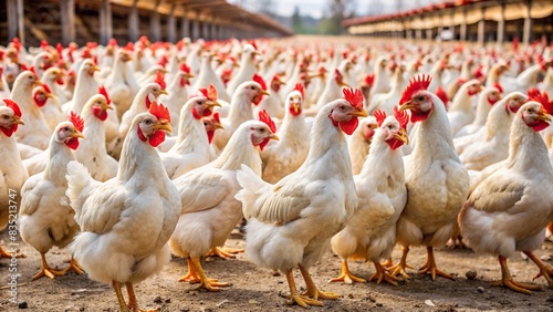A flock of white chickens roaming around the poultry farm, chickens, white, poultry, farm, animals, livestock, feathers, agriculture, domestic, birds, flock, henhouse, rural, countryside photo