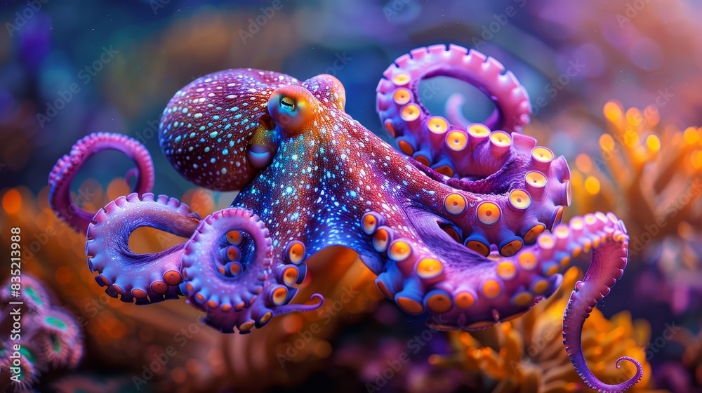 A bright octopus with unique neon colors swimming gracefully in the ocean, surrounded by soft and beautiful coral reefs A bright octopus with unique neon colors swimming gracefully in the ocean, surrounded by soft and beautiful coral reefs