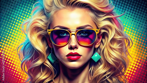 Blonde female singer with sunglasses on 1980s inspired pop art album cover , pop art, retro, vintage, music, album cover, blonde, singer, sunglasses,1980s, graphic design, neon, colorful