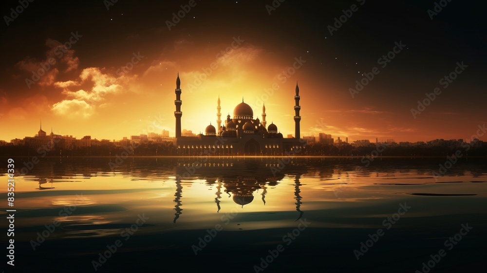 Ramadan Kareem religious background with mosque silhouettes reflected in serene sea, copy space, generative ai Ramadan Kareem religious background with mosque silhouettes reflected in serene sea, copy space, generative ai