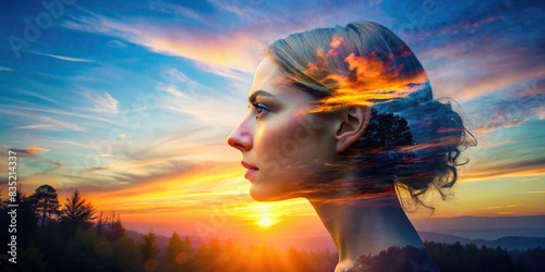 Double exposure portrait capturing the dreamy hues of a sunset , sunset, dreams, double exposure, portrait, abstract, artistic, evening, colors, silhouette, nature, relaxation photo