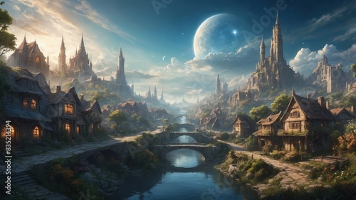 Landscape showing the concept of a metropolis combined with ancient fantasy and underestimated art of nature