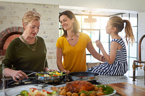 Food, cooking or girl with mother and grandmother in kitchen for learning, care and bonding in their home together. Love, nutrition or grandma teaching kid traditional, recipe or healthy meal balance