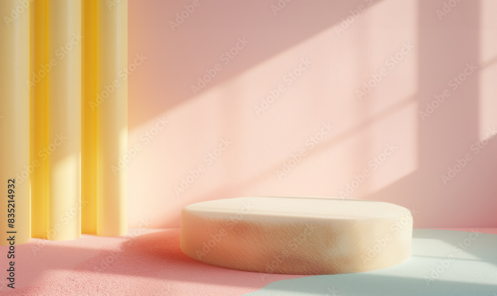 Pastel Yellow Fluffy Soft Wool Podium with Dreamy Lighting and Curtain Background Pastel Yellow Fluffy Soft Wool Podium with Dreamy Lighting and Curtain Background