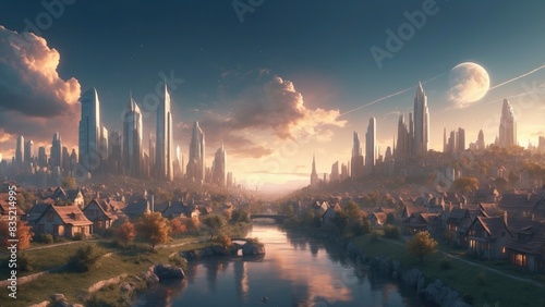 Beautiful panoramic illustration of amazing cityscape on the background of sunset
 photo