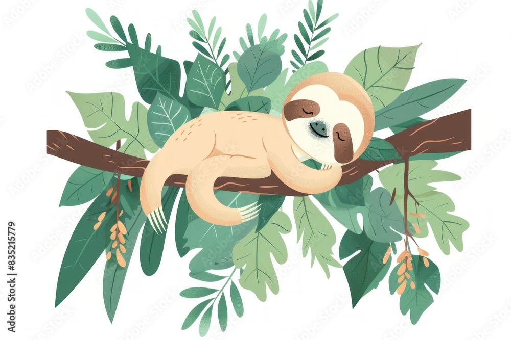 Fototapeta premium Sleepy sloth resting peacefully on lush jungle branch surrounded by greenery and leaves