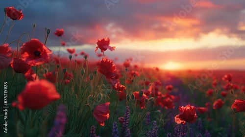 Poppy blooms on a summer field at sunset