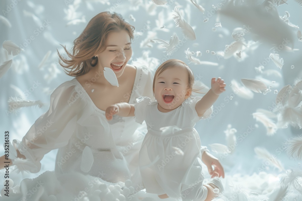 A joyful mother and her baby dressed in white, enjoying their time surrounded by floating feathers, creating a dreamy and serene atmosphere. A joyful mother and her baby dressed in white, enjoying their time surrounded by floating feathers, creating a dreamy and serene atmosphere.