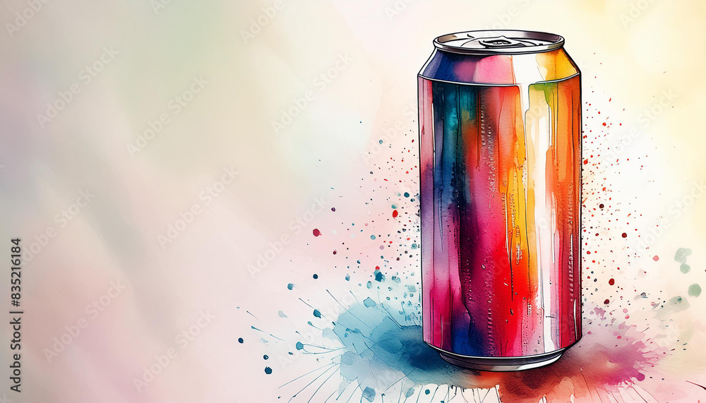 Plain soda can with shiny texture seen from a unique angle, watercolor art style Plain soda can with shiny texture seen from a unique angle, watercolor art style