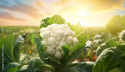 A large white cauliflower is sitting on a leafy green plant