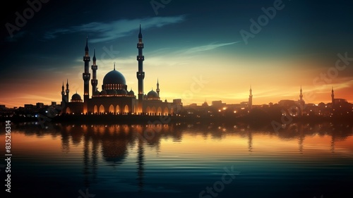 Ramadan Kareem religious background with mosque silhouettes reflected in serene sea, copy space, generative ai © ImronDesign