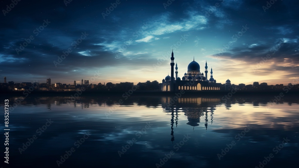 Ramadan Kareem religious background with mosque silhouettes reflected in serene sea, copy space, generative ai Ramadan Kareem religious background with mosque silhouettes reflected in serene sea, copy space, generative ai