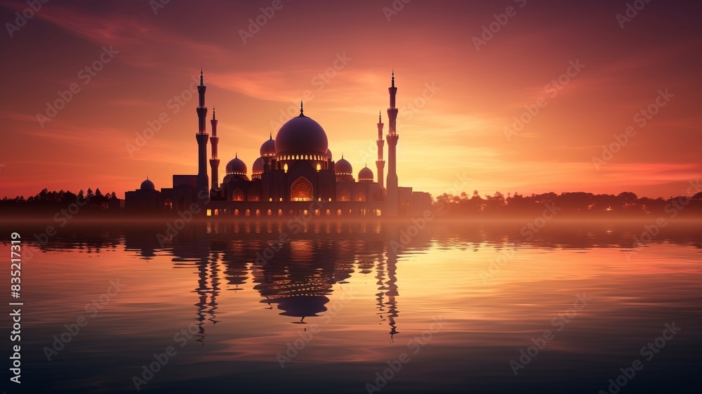 Obraz premium Ramadan Kareem religious background with mosque silhouettes reflected in serene sea, copy space, generative ai