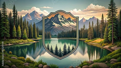 Vintage retro nature emblem featuring a serene lake surrounded by lush trees and mountains in a adventure logo design, nature, vintage, retro, emblem, logo, lake, trees, mountains
