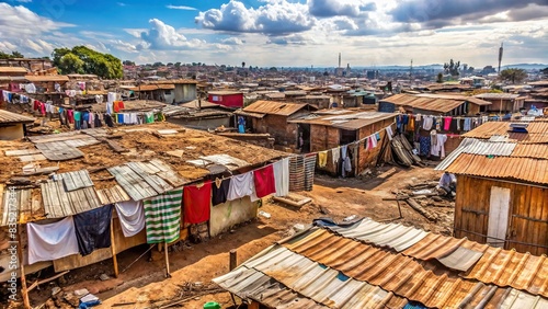 Desolate rooftop of African slum with cardboard shacks and laundry hanging, showing poverty and deprivation, slum, poverty, Africa, black children, rooftop, cardboard shacks, laundry photo