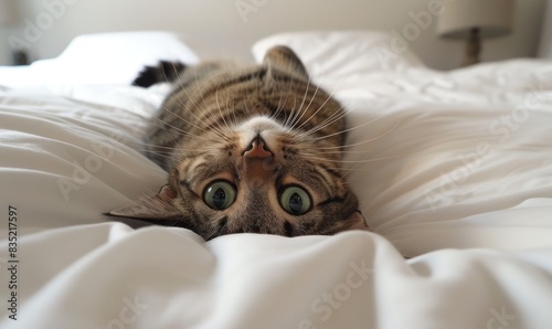 close-up photo of a surprised, joyful, energetic tabby cat lying on a white bed and looking at the camera,