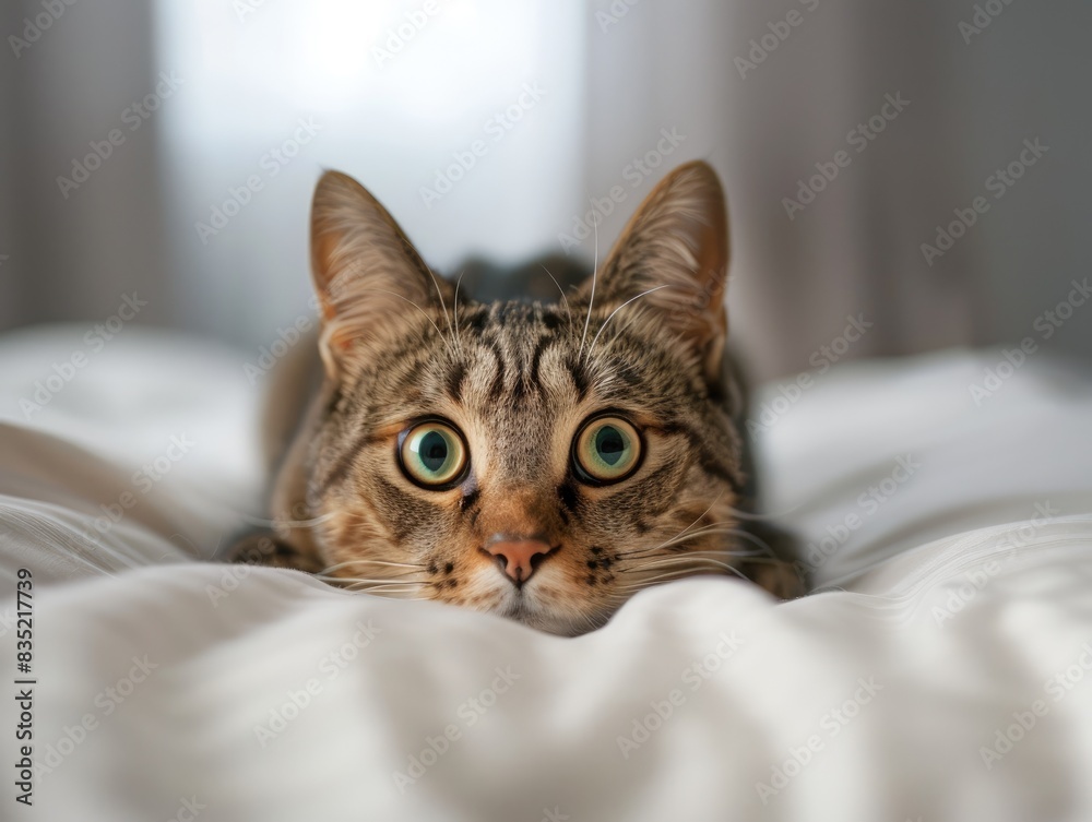 close-up photo of a surprised, joyful, energetic tabby cat lying on a white bed and looking at the camera,