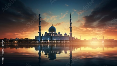 Ramadan Kareem religious background with mosque silhouettes reflected in serene sea  copy space  generative ai