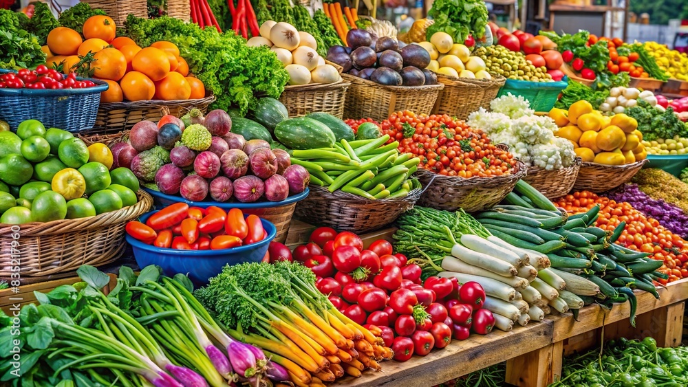 Vibrant market stall with variety of fresh organic vegetables , market, vibrant, fresh, organic, vegetables, colorful, nutritious, feast, healthy lifestyle, selection, abundance