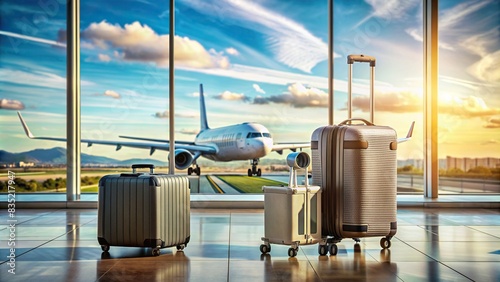 Travel departure scene at the airport with luggage suitcases and airplane in the background for tourism marketing, travel, departure, airport, luggage, suitcases, airplane, tourism photo