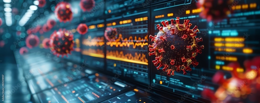 Fototapeta premium Close-up of virus cells floating in front of server data screens, representing cybersecurity and health technology integration.