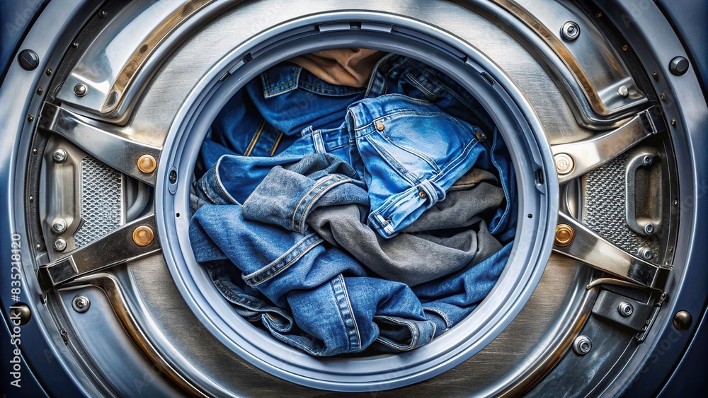 Pile of jeans in open washing machine drum in laundry room , laundry, washing machine, jeans, dirty, laundry room, household, cleaning, clothes, apparel, laundry day, home, washing