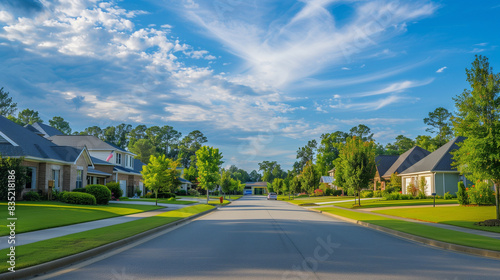 A quiet suburban street, built with modern houses, well-kept lawns and lush trees under a bright blue sky with scattered clouds.